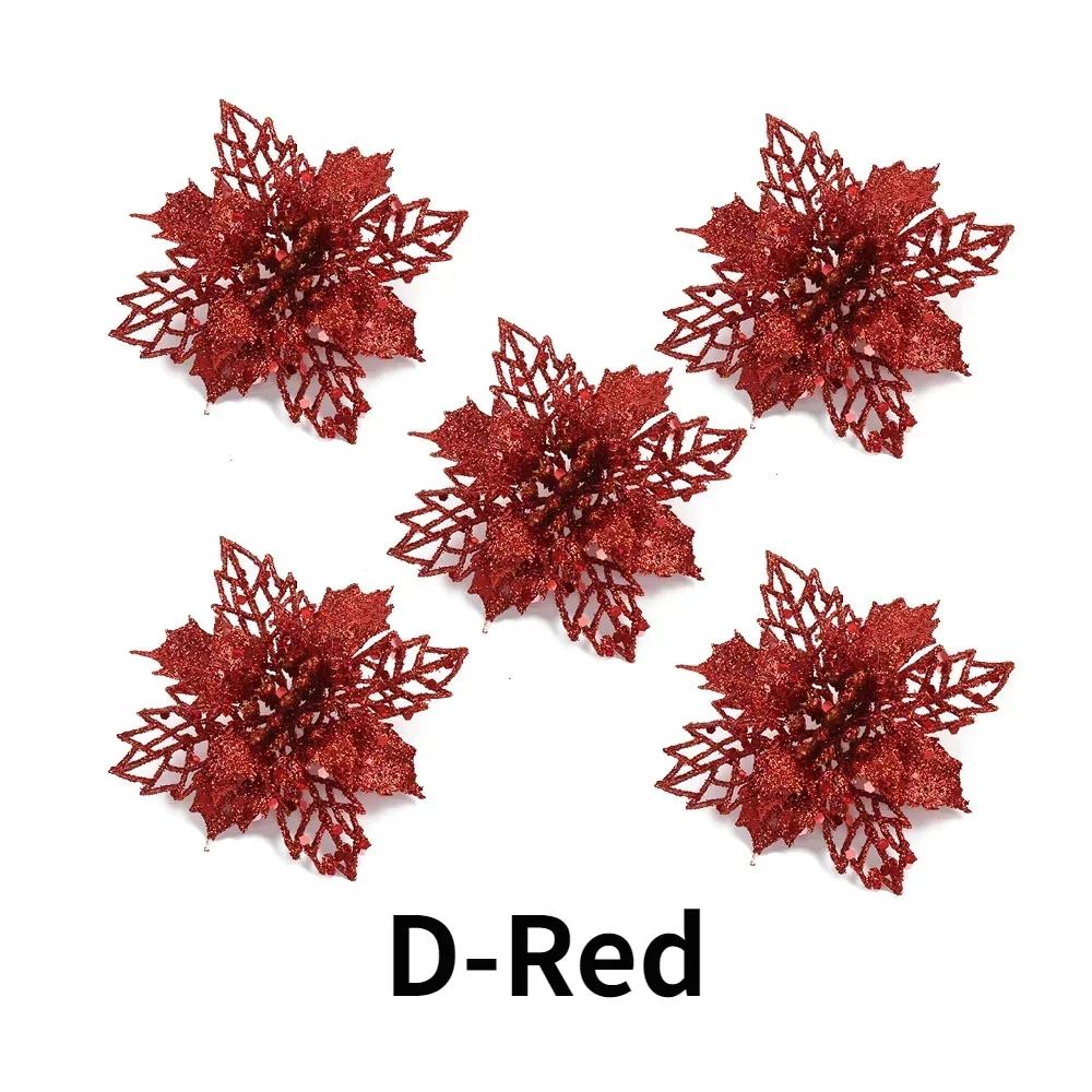 20/5PCS Artificial Glitter Christmas Flowers with Clip Xmas Tree Hanging Ornament Fake Flower New Year Party Home Decor Supplies