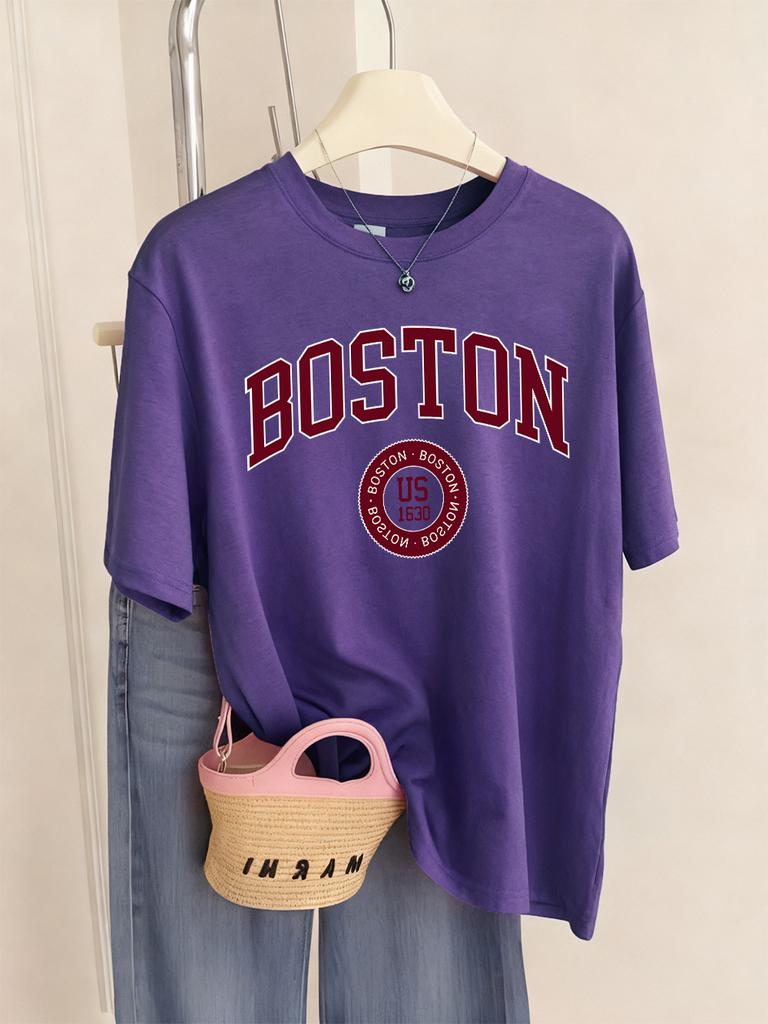 Boston City Us 1630 Letter Prints TShirts Womens Summer Basic T Shirts ONeck Soft Short Sleeve Tops Casual Loose Woman Clothes