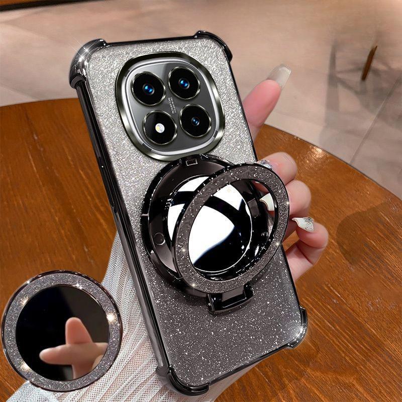 Magnetic Mirror Bracket Glitter Phone Case For Xiaomi Redmi Note 14 15 Pro Plus 15 15C 14C 14S 4G 5G Plating Shockproof Cover