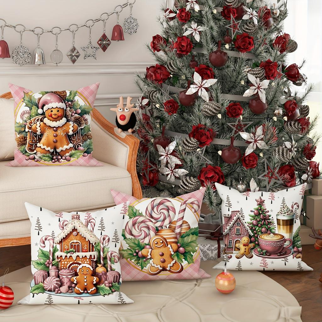 Christmas Themed Pillowcases: Gingerbread, Candy Canes, and Cozy Holiday Scenes Sofa Room Cushion Cover Home Decoration Gift