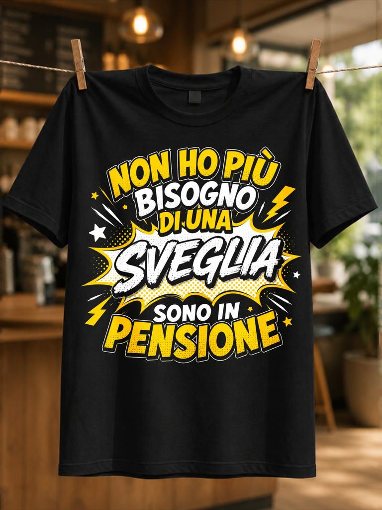 Italian No Alarm Clock Retiret Comic Burst Layout With Bright Yellow Emphasis Playful Retired Life Unisex All Tshirt