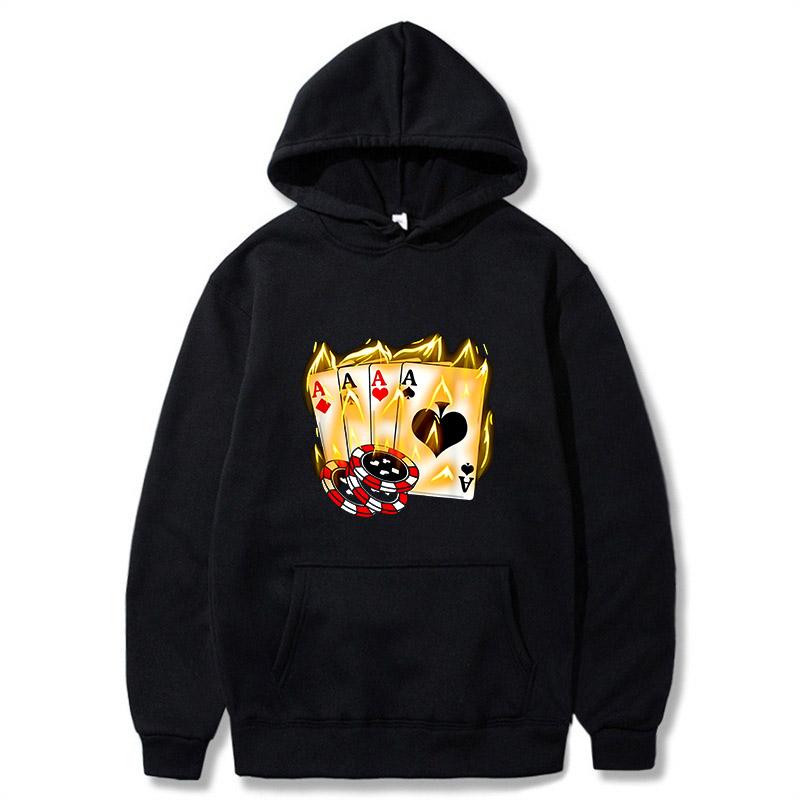 2025 Autumn New Men's Poker Ace Pattern Hoodie - Black Casual Hooded Sport Shirt - Fashion Streetwear - Suitable for Autumn