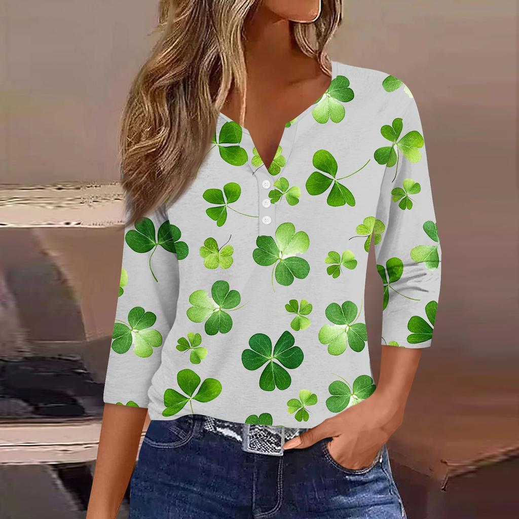 3/4-Ärmel-Shirts für Damen Niedliche Druck-Grafik-T-Shirts Blusen Lässige Blusen V-Ausschnitt Tunika-Tops St. Patrick's