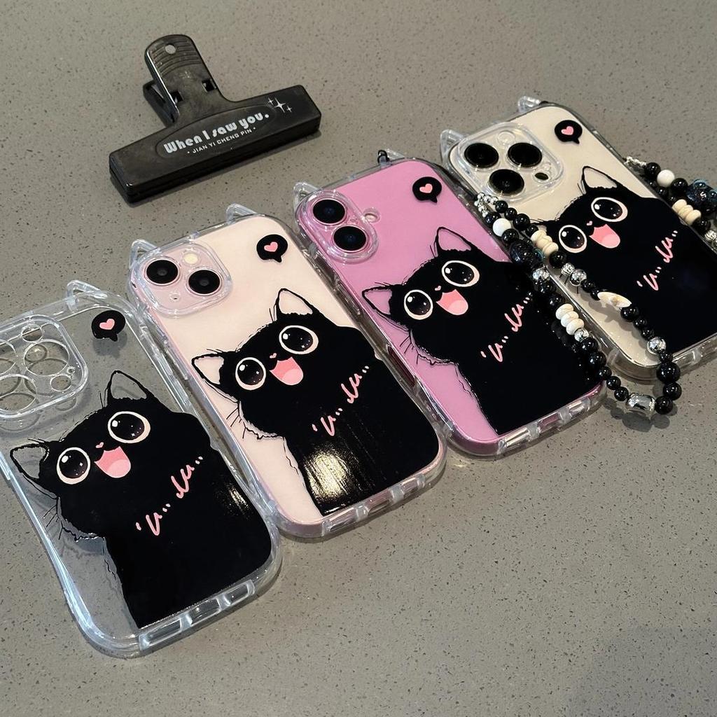 The New Models Are Suitable for Iphone16 Sweet and Cool Cat 13 with Bracelet Phone Case and Apple 15 Cat Ear Transparent Protective Case