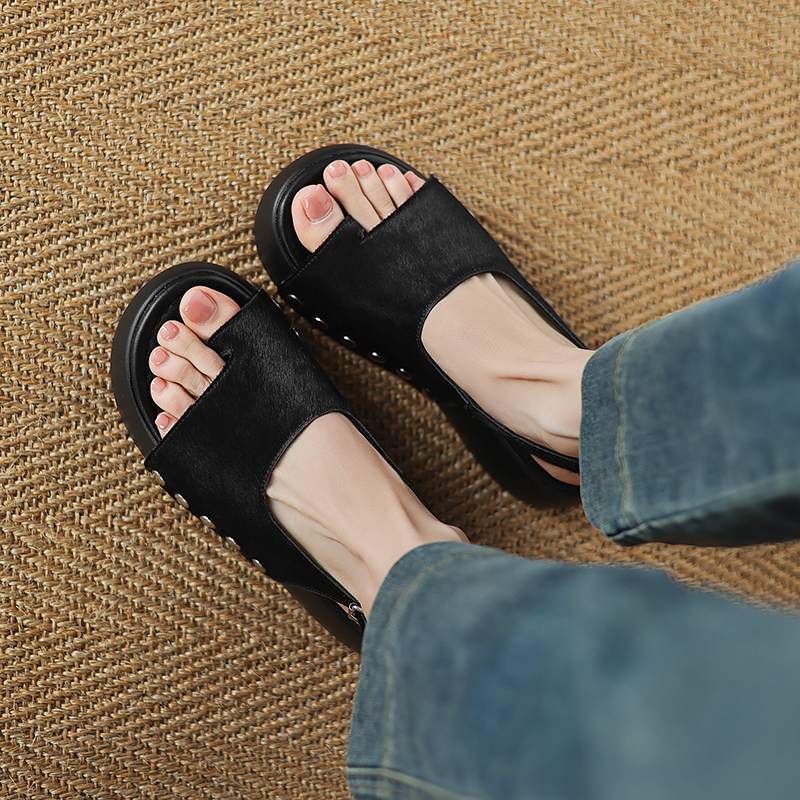 Krazing Pot Horsehair Natural Fur Summer Size 42 European Design Thick Bottom Flat Platform Women Superstar Peep Toe Sandals