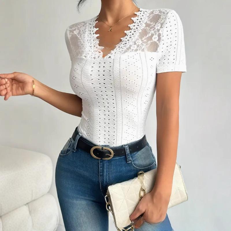 

Футболка с V-образным вырезом и короткими рукавами из трикотажного кружева белого цвета XXL белый