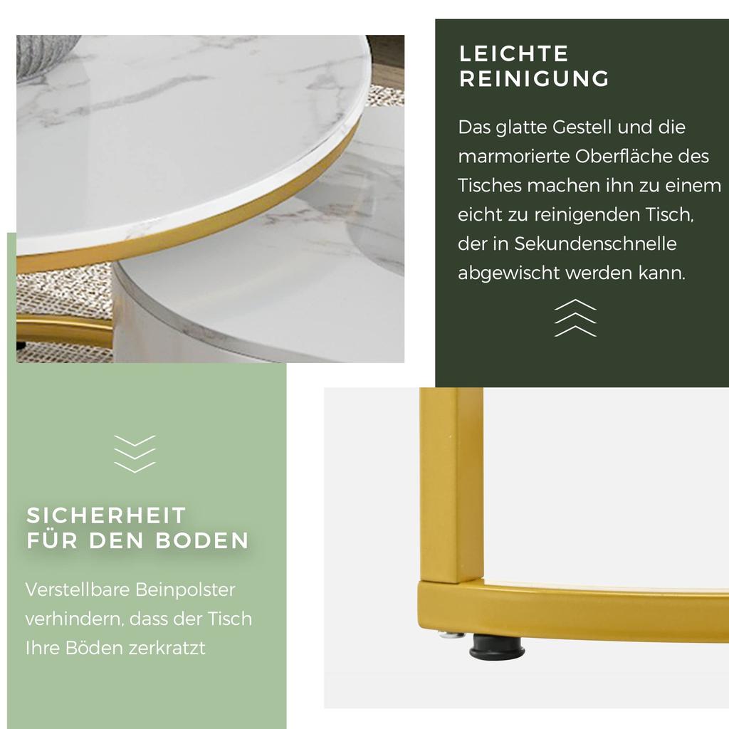 Couchtisch Rund 2er Set Satztische, Moderne Edle Nesting Kaffeetisch Oval Sofatisch Schubladen, Tischplatte Marmormuster, Balkon Büro, Weiß