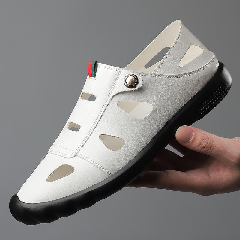 

Сандалии Мужская верхняя одежда Кожаная нескользящая пляжная обувь с полыми отверстиями Мужская повседневная сумка для вождения Головные уборы Классные кожаные туфли 44 белый