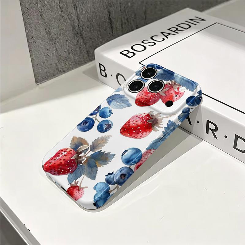 Farm Fresh Watercolor Strawberry Blueberry Fruit Art Graphic Film Aesthetic Protective Shockproof Bumper Phone Case For iPhone 14 15 16 Pro Max Plus