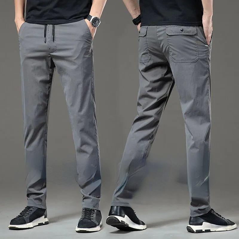 Spring Summer Cotton Men Casual Pants Elastic Waist Business Korean Fashion Straight Classic Solid Color Trousers Black Khaki