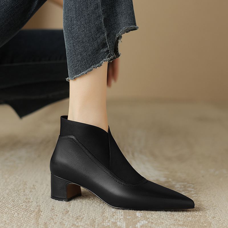 Krazing Pot Cow Leather Sheep Suede Winter Pointed Toe Med Heels Modern Boots Women Slip On Ankle Boots