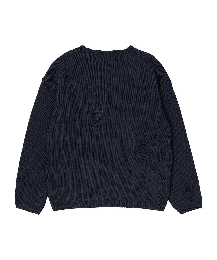 BEYOND CLOSET [Collection Line] Archive Heavyweight Cotton Damaged Detail Henley Neck Knit Navy