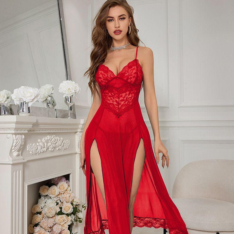 

Fashion Style Ins New Arrival Fashionable See-through Homewear Dress Sexy Lace Mesh Split Dress Red S