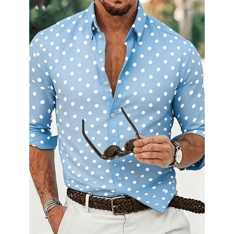 Men's Casual Long-Sleeved Shirt, Polka Dot, Button Closure, Elastic Fabric, Regular Fit, Suitable for Commuting/Street/Halloween/Christmas Gift Giving