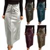 Women Skirt Faux Leather High Waisted Front Slit Hip Wrapped Skirt with Belt Buttons Closure Commuting Street Skirt