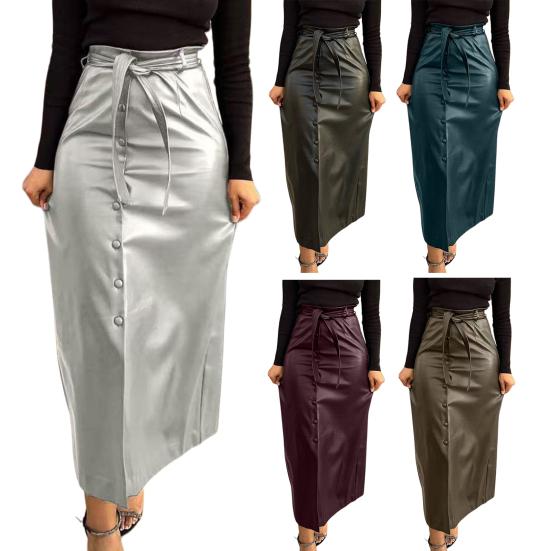 Women Skirt Faux Leather High Waisted Front Slit Hip Wrapped Skirt with Belt Buttons Closure Commuting Street Skirt