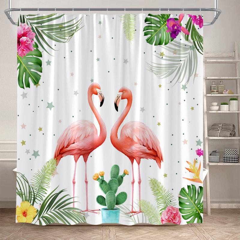Shower Curtain, Tropical Flamingo Jungle Waterproof Polyester Bathroom Curtain With Hooks, Palm Tree Lotus Flower Decor Bath Cur