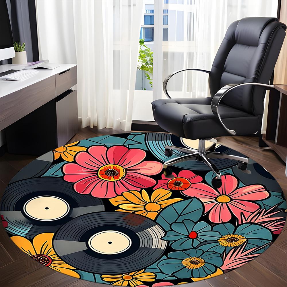 1pc Floral Music Office Round Area Rug, Indoor Mat Suitable For Office, Under Office Chairs Bedroom Living Room Home Decor, Room Deco 046