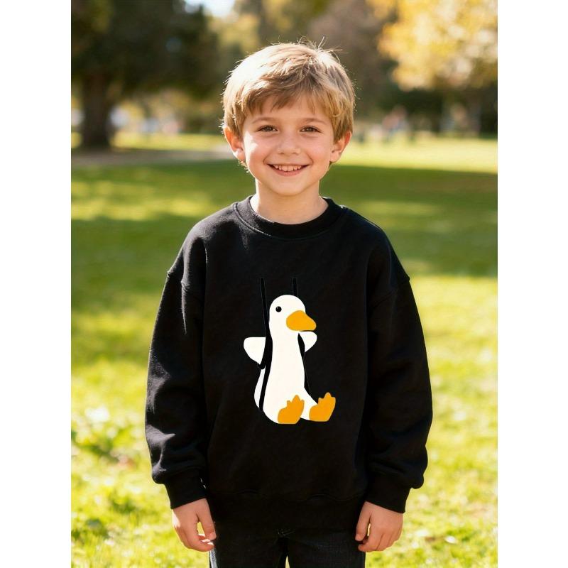 European sizes Kids' Duck Print Crewneck Sweatshirt - Soft Long Sleeve Pullover with Cute Duck Graphic