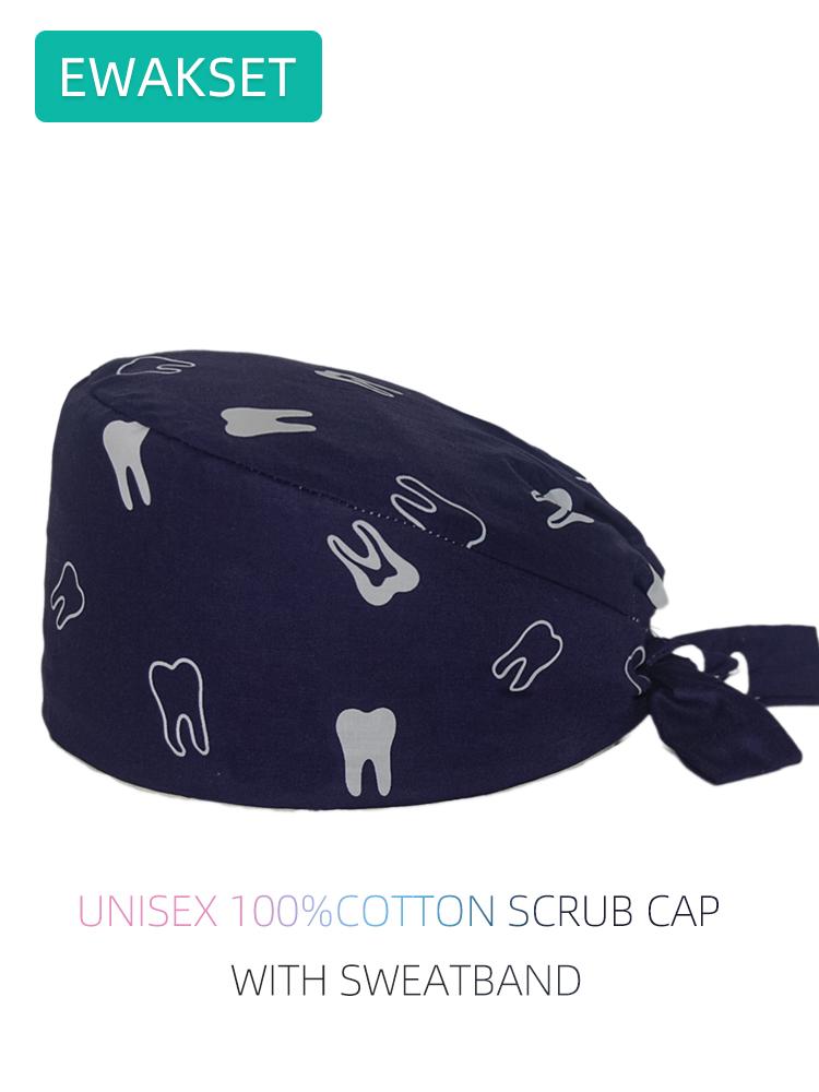 New Dental Scrub Cap for Woman Man Teeth Printed 100% Cotton Surgery Hat Nurse Nursing Medical Hats Dentist Clinic Surgical Caps