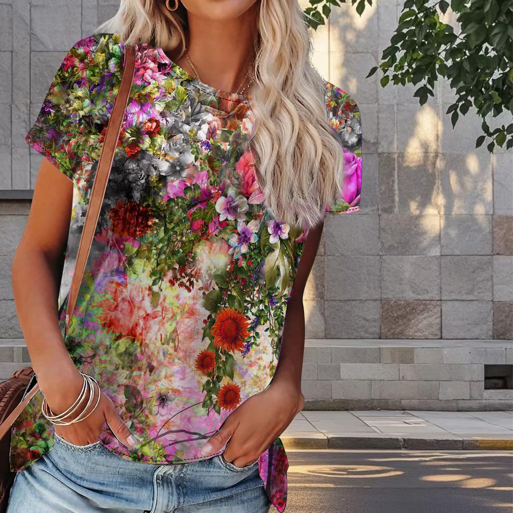 Women Summer T Shirt Flower Print Retro Fashion Short Sleeve Tees Casual   Printed  Tops