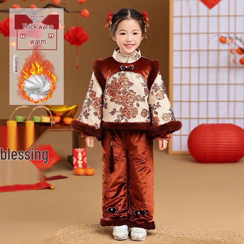 Girls  Fleece-Lined Hanfu Tang Suit - Winter Festive Outfit for First Birthday & New Year 110