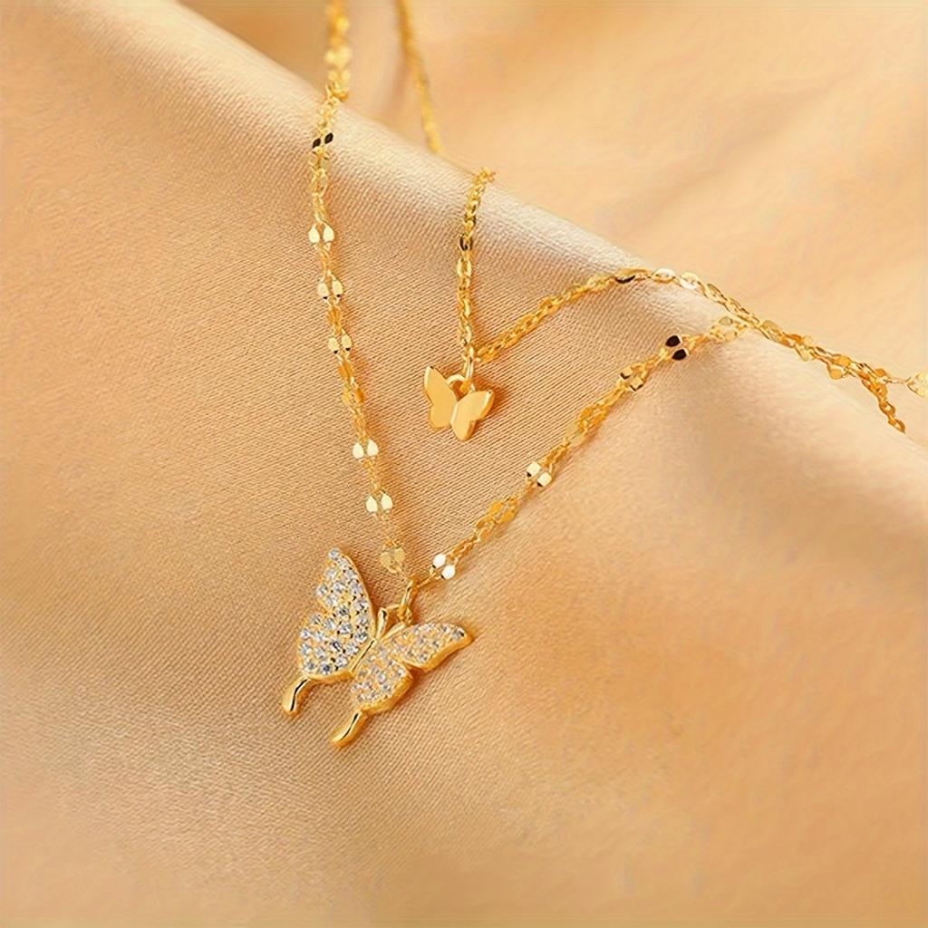 1 Double Layer Butterfly Necklace Alloy Pendant Collarbone Chain Perfect Gift for Girlfriend, Women's Unique Lightweight Versatile Fashion Design Suit