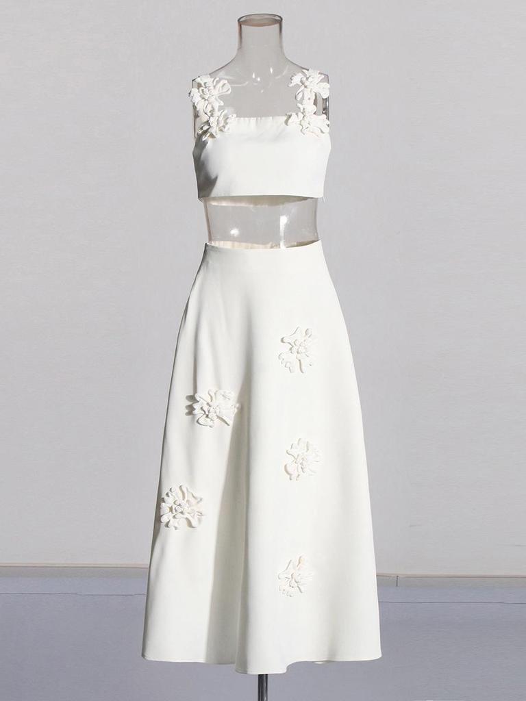 2025 French Retro Summer Floral Spliced High-Waist Midi Skirt and Sling Top Set