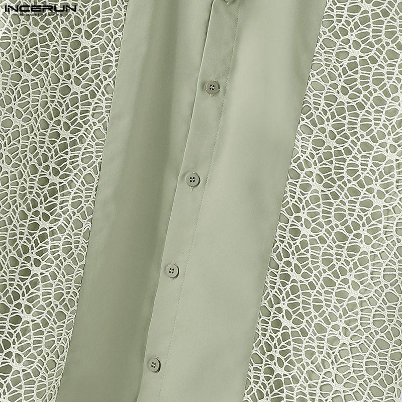 INCERUN Oversized Men Lapel Neck Short Sleeve Crochet Casual Loose Shirts