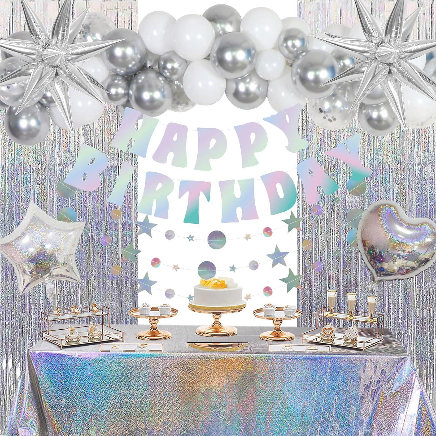 

Радужный С Днем Рождения Декоративный Серебряный Набор для Вечеринки с Радужными Шарами Скатерть Баннер Кисточная Занавеска Silver Exploding Star Colorful Birthday Set