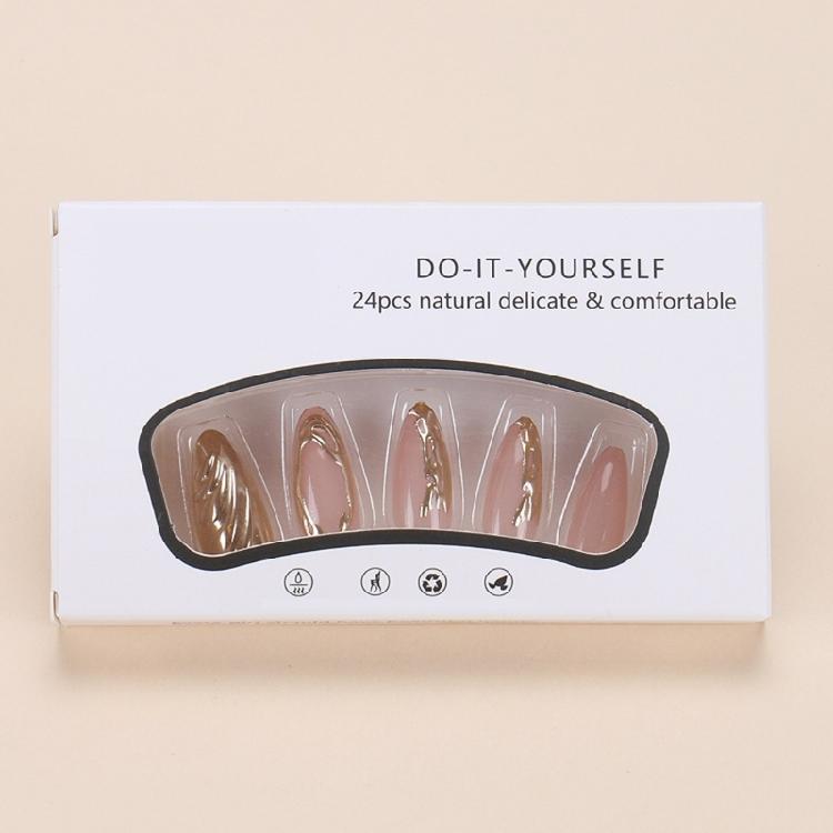 24Pcs Short Almond Gold Press On Nail With Carved Ripple Design Full Cover False Nail for Unique And Stylish Look