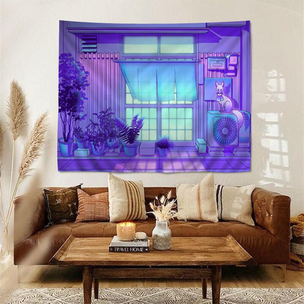 80S Vaporwave Style City Night Street Cat Cartoon Tapestry Wall Hanging Decoration Household Home Decor
