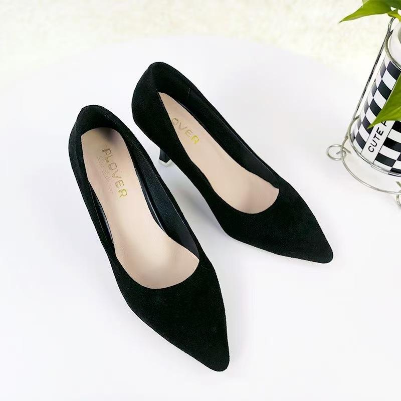 Student etiquette black stiletto high heels low heels women's new stiletto pointed suede work shoes women