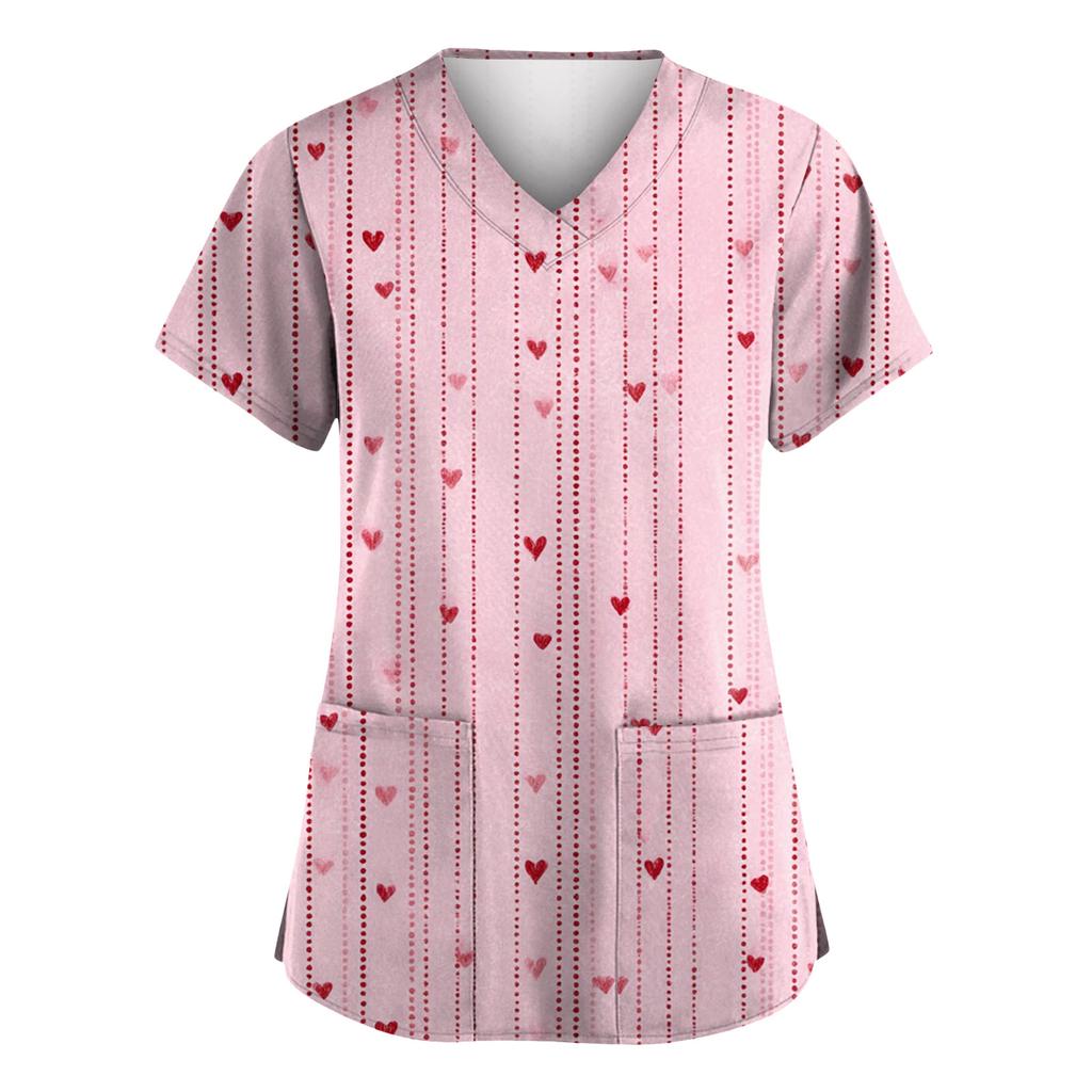 Women V Neck Printed Scrub Top Short Sleeve Uniform with Heart Pattern Two Front Pockets Comfortable Fit