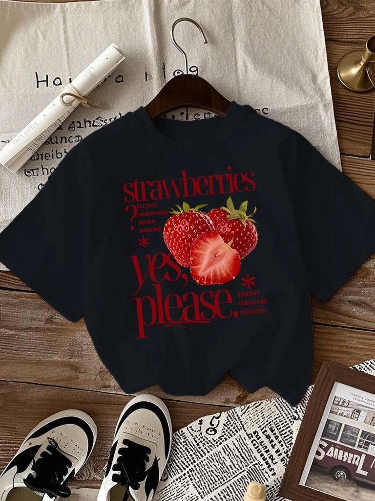 Strawberries Fruit Yes Please Printed Tee Shirts Woman Cotton Crewneck T Shirt Sport All-Match Streetwear Casual Loose Clothes
