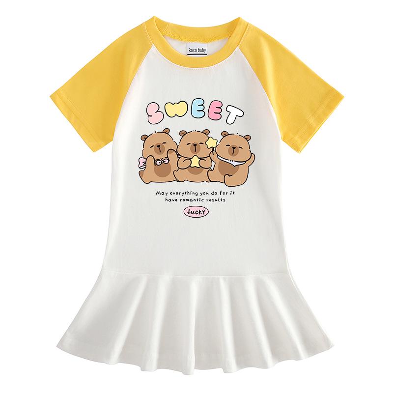 Sommer Cartoon Raglan Colorblock Kleid: Süßes Mädchen-Kleid mit Faltenrock und Rüschen