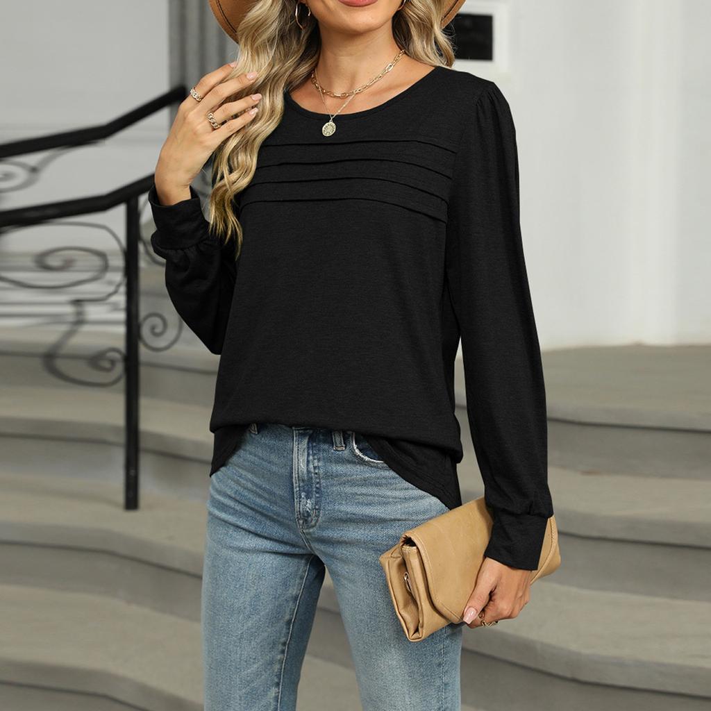 Women's Fashionable Solid Color U Neck Long Sleeved Loose T-shirt Top