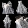 2 Tier Wedding Veil with Comb for Girls Communion Veil Bow Adorned by for Rhinestone Short Length Curly Edge Tulle Veil