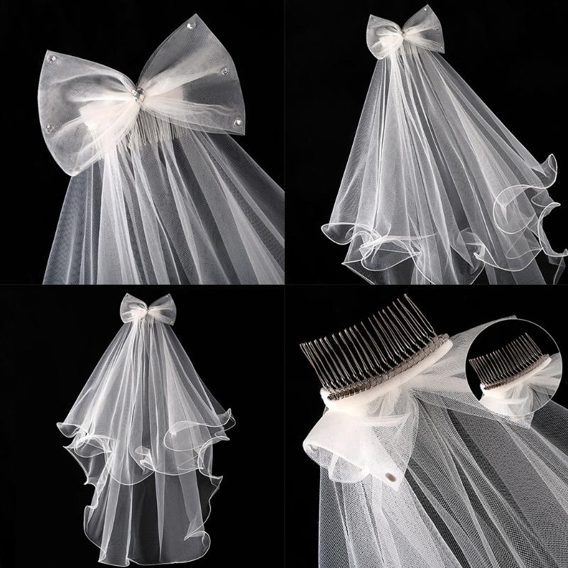 2 Tier Wedding Veil with Comb for Girls Communion Veil Bow Adorned by for Rhinestone Short Length Curly Edge Tulle Veil