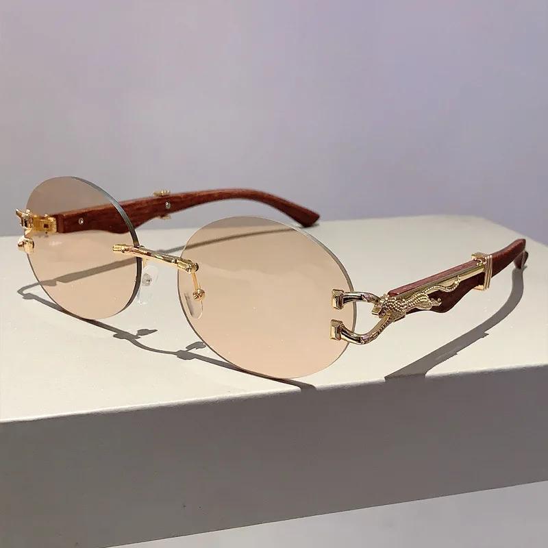 

Новый Дизайнерский Винтажный Овальный Солнцезащитные Очки Без Оправы Роскошного Бренда Женские Для Мужчин Солнцезащитные Очки Модные Панк Популярные Металлические Леопардовые Очки