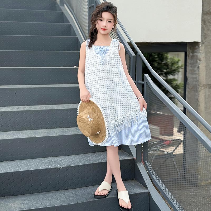 Women's clothing 2026 summer new layered hollow dress, mid size children's vacation style striped two-piece set, stylish