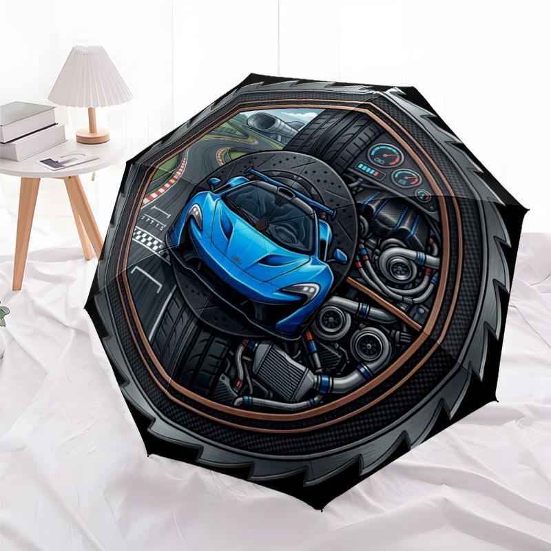 Parapluie motif automobile, design portable et pliable, 8 baleines, un accessoire décontracté pour Halloween, Noël et les cadeaux d'anniversaire.