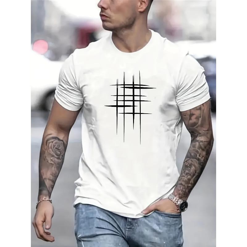 

European sizes Men s Casual Short Sleeve T-Shirt - Round Neck, Geometric Black Line Design, Summer Style Tee for Casual Attire 4XL білий