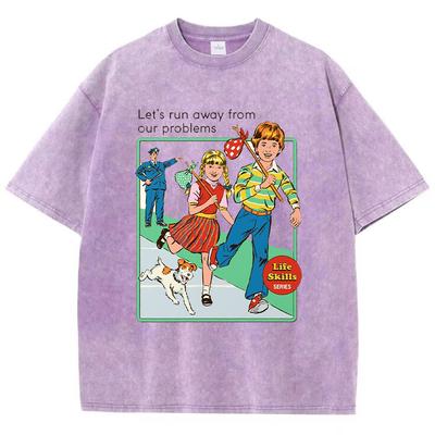 Let' Run Away From Our Problems Print Women Distress Tshirts Summer Washed T-Shirt Breathable Tee Shirts Soft Clothes