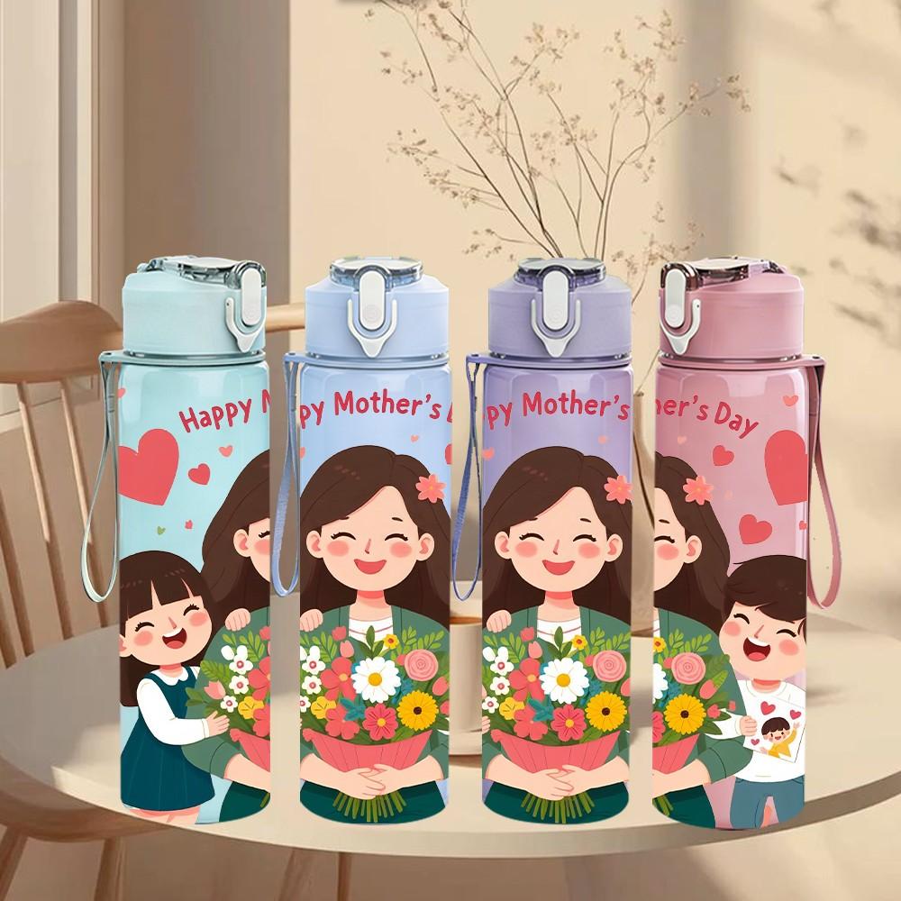1PC Mothers Day Mom Kids Floral Heart Print 750ml Color Plastic Sports Water Bottle Leakproof Flip Straw Lid Suitable for Sports Office Home Use