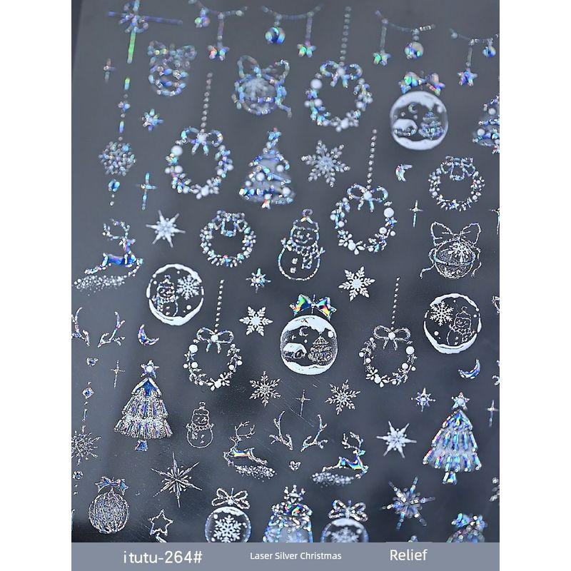 

New Arrival Oil Painting Christmas Tree Bronzing Relief Nail Sticker Minimalist Snowflake Garland Christmas Element Nail Ornament Laser Silver Christmas Relief