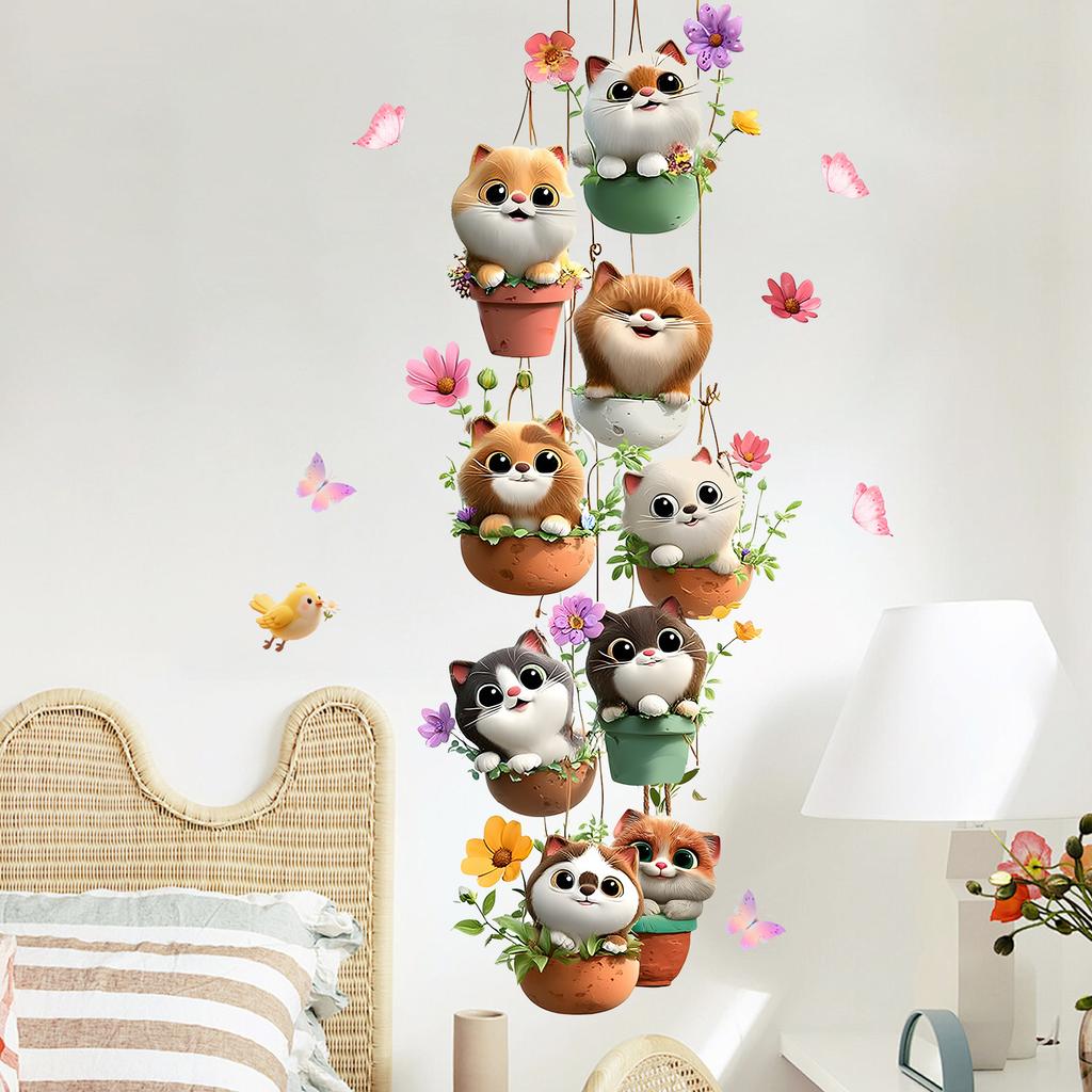 Hanging Cat In Flower Pot Wall Sticker Cute Colorful Cat Floral Butterfly Self-Adhesive Waterproof Bedroom Living Room Home Decor