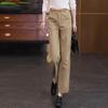 Women's Khaki Tencel Cotton Cropped Wide-Leg Pants - 2025 Spring/Summer Loose Fashion Straight-Leg Trousers