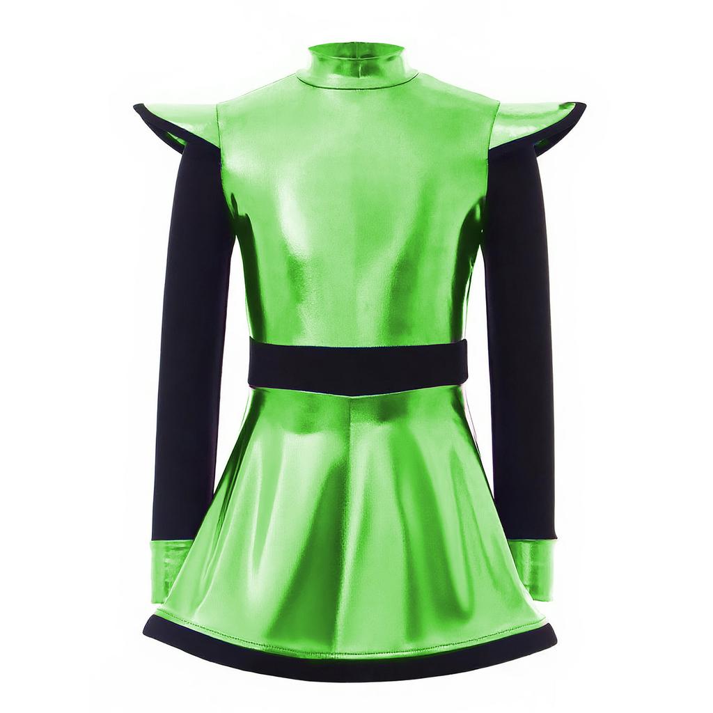 Kids Girls Alien Costume Patchwork Metallic Gloss Mock Neck Long Sleeve Back Zipper Built In Shorts Dress