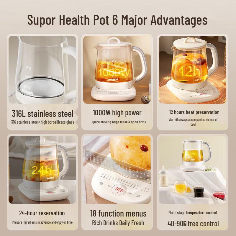 SUPOR 1.5L Multi-functional Glass Health Pot CN Plug (adapter Included)